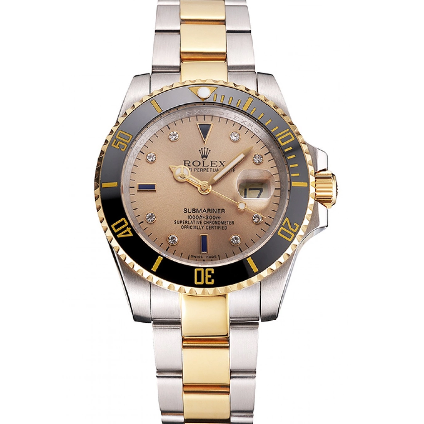 Aaa replica watch Submariner Dial Bezel Bracelet Steel Rolex Black Two Diamond Gold Swiss Gold Tone Markings 0706